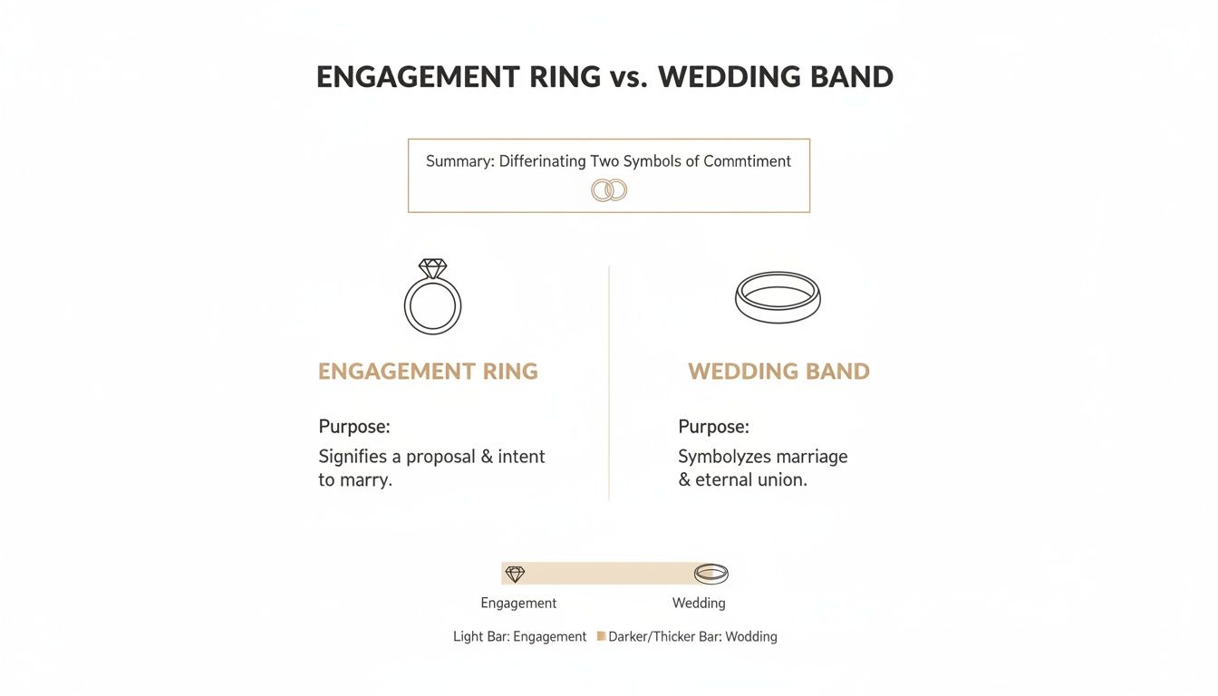 An infographic comparing engagement rings and wedding bands, detailing their purpose and distinct symbols.