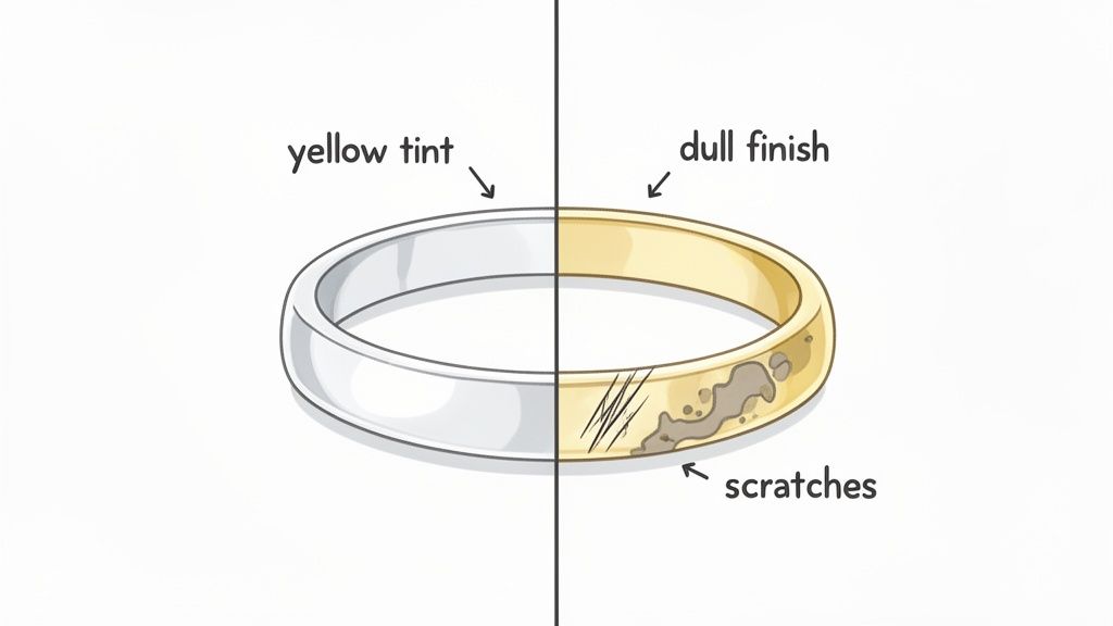 A ring split into a clean, shiny silver half and a worn, dull, scratched gold half, showing damage.