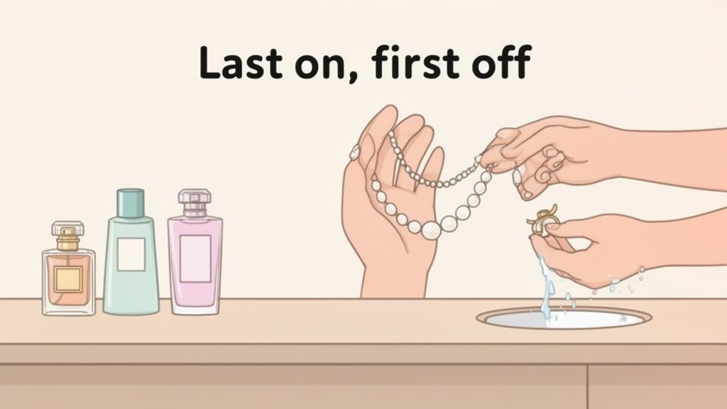 Illustration shows perfume bottles and hands cleaning jewelry, demonstrating the 'last on, first off' rule.