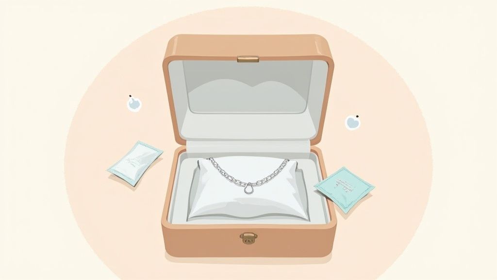 An open brown jewelry box with a silver chain necklace on a white cushion, along with anti-tarnish packets.