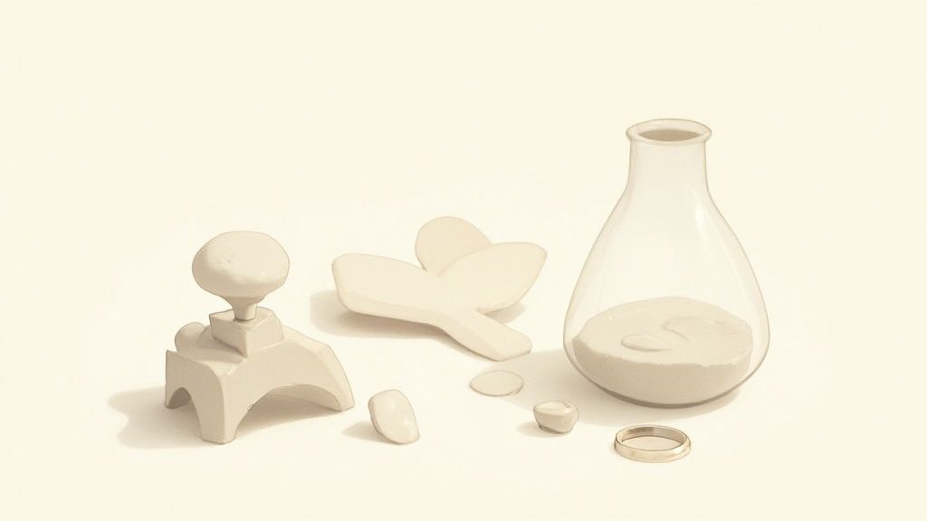 Still life of sculptural elements, a sand-filled flask, small pebbles, and a golden ring.