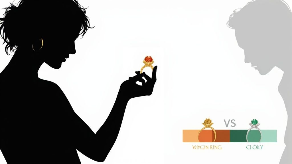 Silhouette of a woman holding a gold ring with an orange gemstone, comparing 'WINGIN RING' and 'CLOKY' gemstone rings.