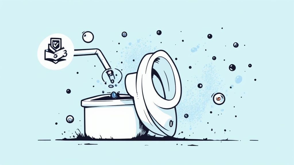 Illustration depicting a shield-protected cleaning process for a toilet-like device.