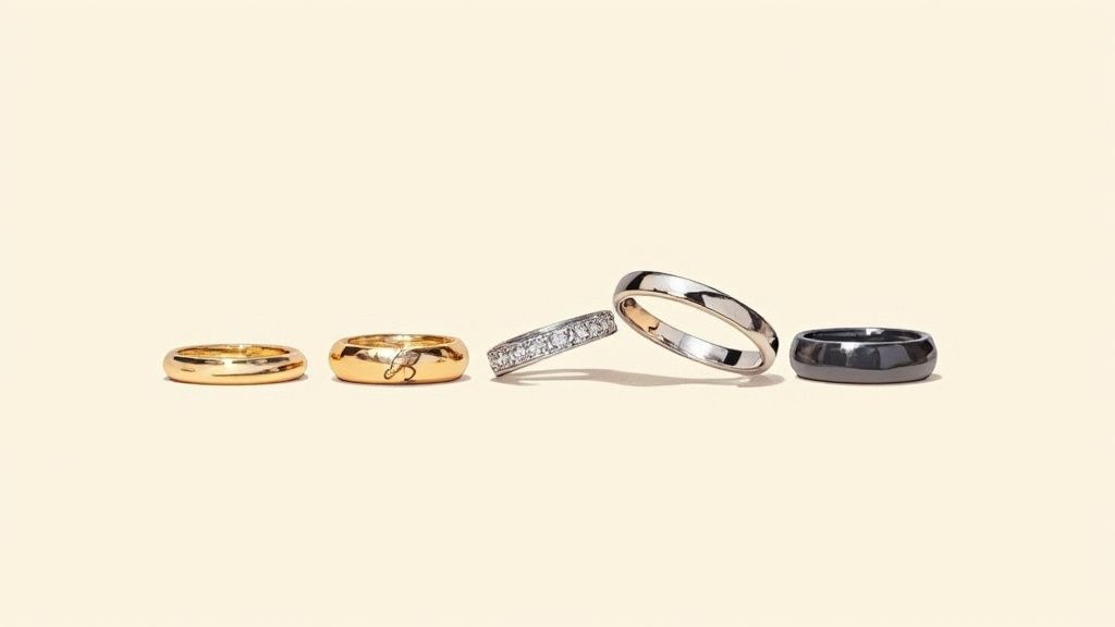 Five wedding bands of different metals and styles, including gold, silver, diamond, and dark grey.