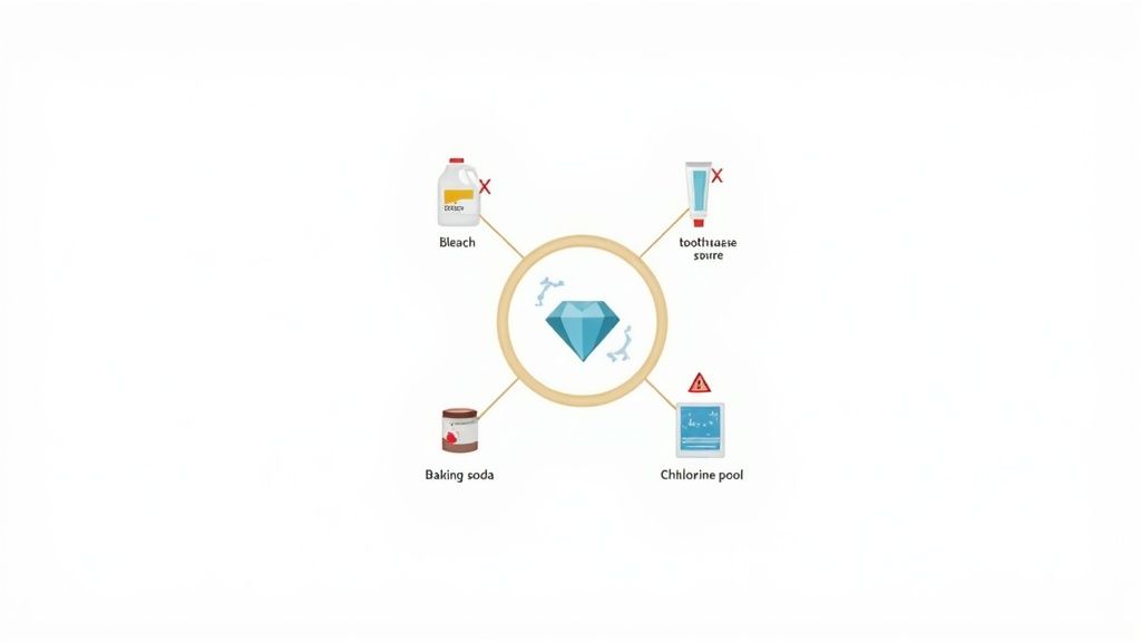 An infographic showing a diamond surrounded by bleach, toothpaste, baking soda, and a chlorine pool, all marked with a red X to avoid.