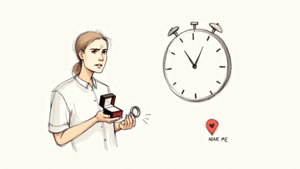 A skilled jeweller carefully inspecting a gold ring before resizing