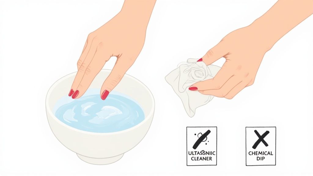 A person gently cleaning a piece of enamel jewellery with a soft white cloth.