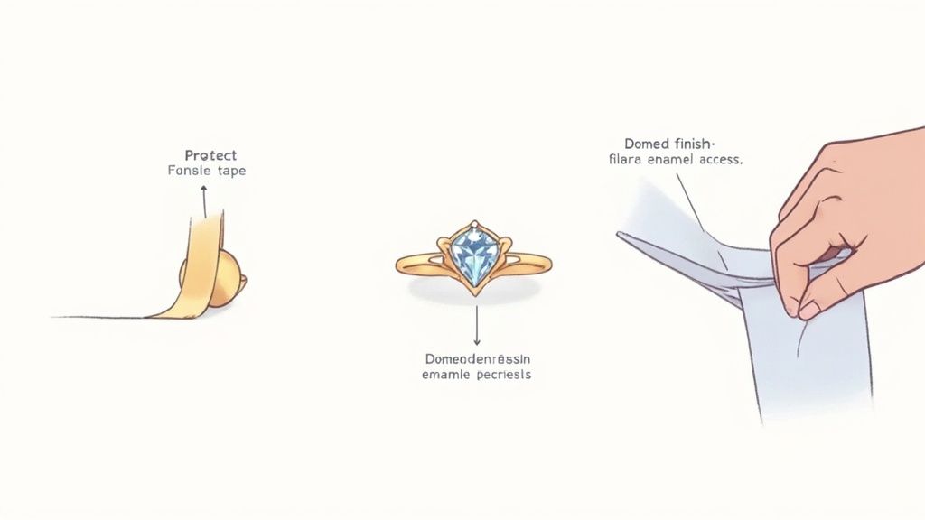 Three illustrations depict jewelry enamel application steps: protecting with tape, a ring, and domed finish access.