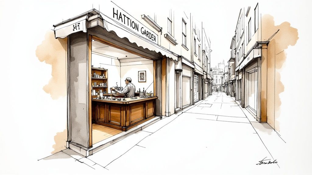 A close-up of a jeweller's hands meticulously working on a piece of jewellery in a workshop.