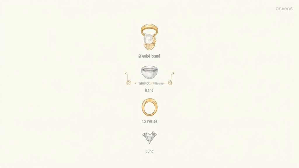 Infographic showing wedding ring resizing options including D gold band, thickness within band, no resize, and bund styles