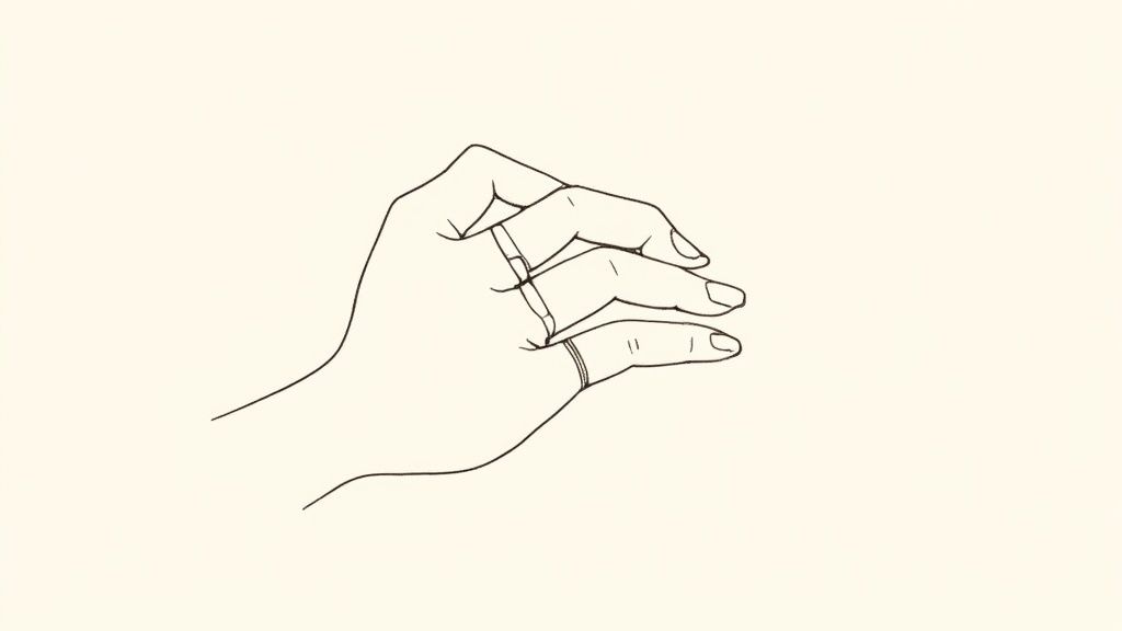 A minimalist line drawing of a hand wearing a ring on the ring finger and an open band on the middle finger.