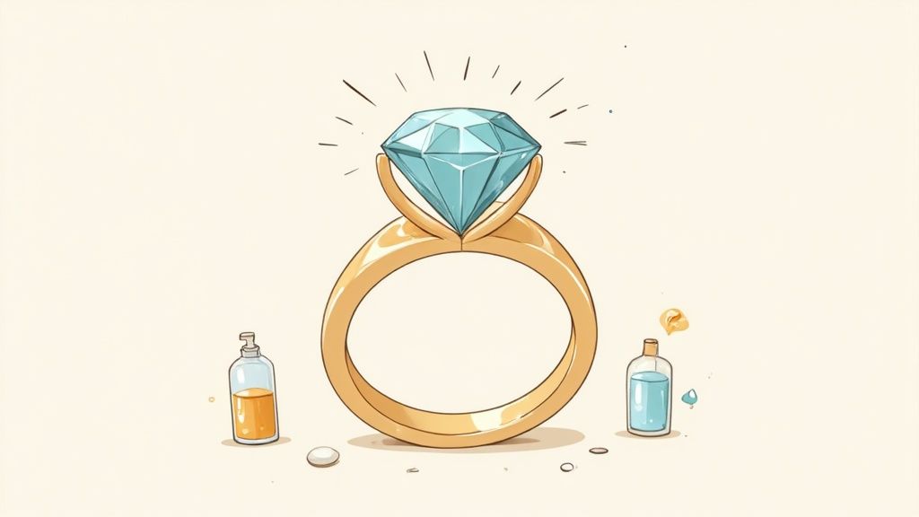 A cartoon drawing of a sparkling blue diamond engagement ring with two small bottles of cleaning solution.