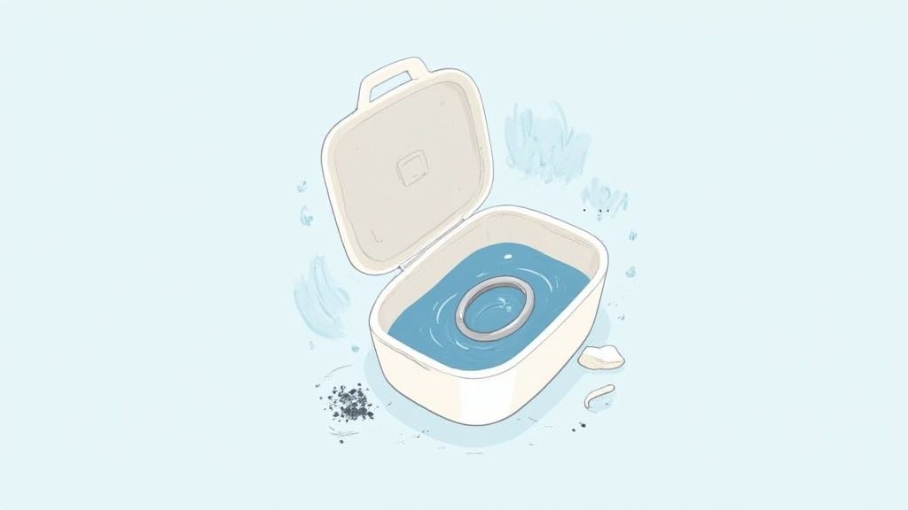 Overhead view of a white plastic container holding blue water and a submerged silver ring, illustrating jewelry cleaning.