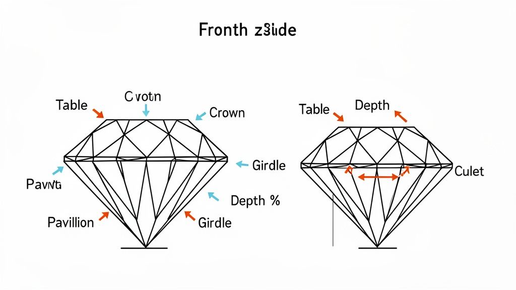 Two detailed diagrams show the anatomy of a cut diamond with labeled parts and measurements.