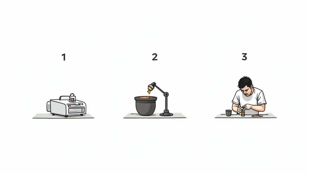 Three numbered steps illustrating a crafting process: a machine, material melting into a pot, and a person designing small items.