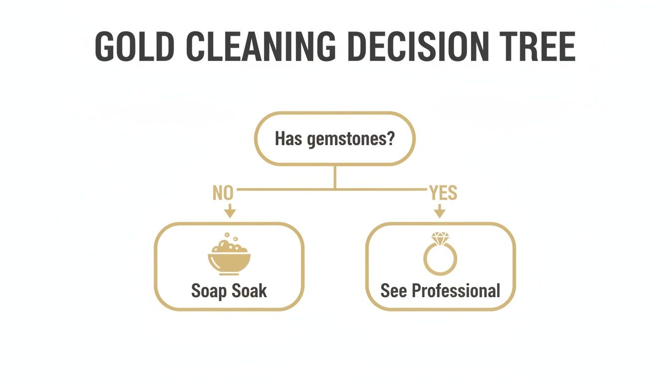 A gold cleaning decision tree flowchart for jewelry, guiding to soap soak or see a professional.