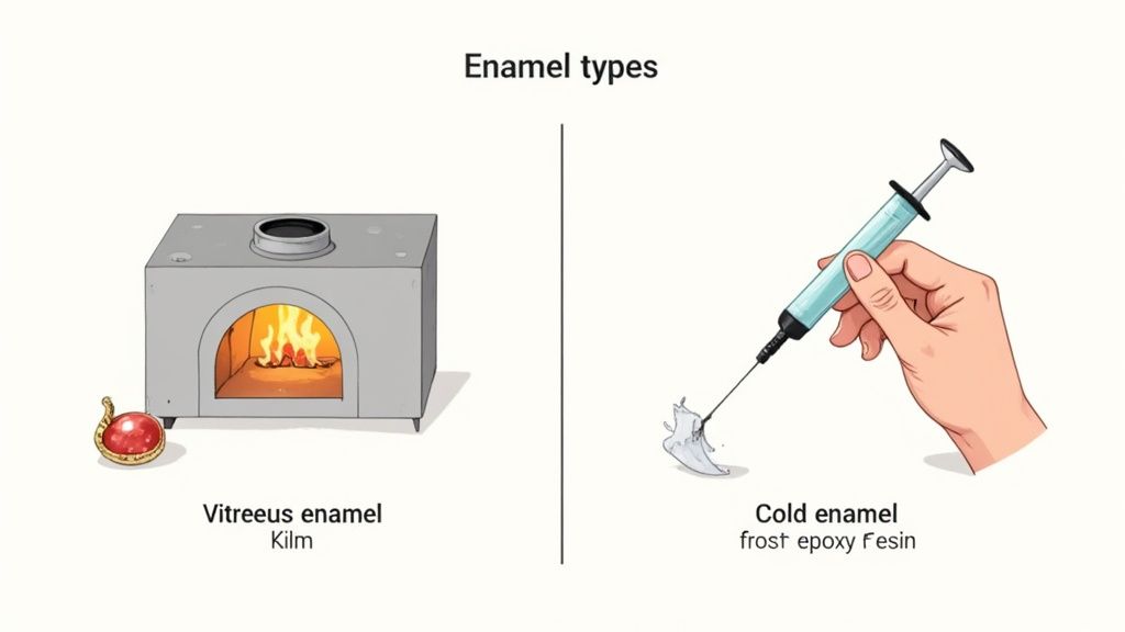 Illustration contrasting vitreous enamel (kiln) with cold enamel (epoxy resin applied by syringe).