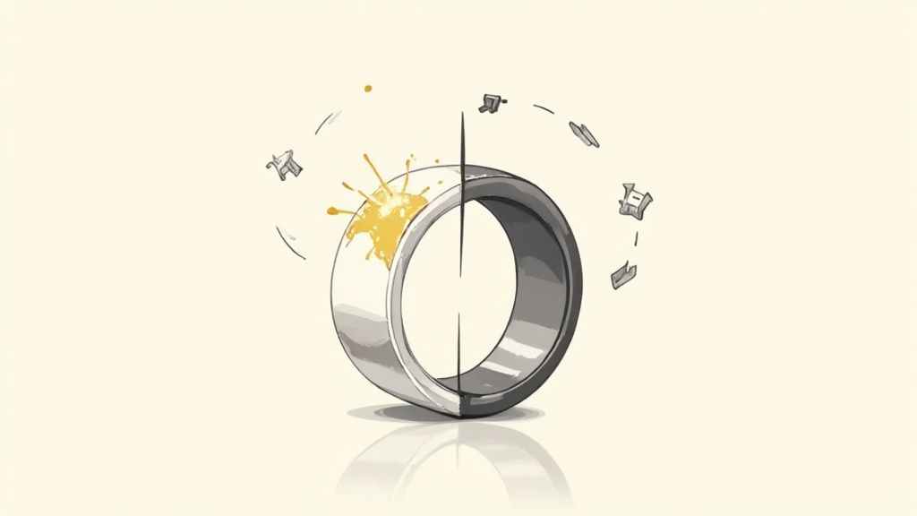 A silver ring split in half, one side tarnished and the other shiny with a yellow splash.