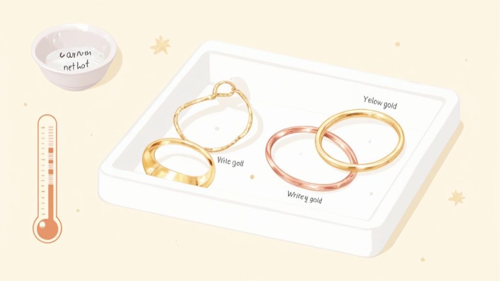 Illustration of gold rings (yellow, rose, white) in a tray with a bowl and thermometer.