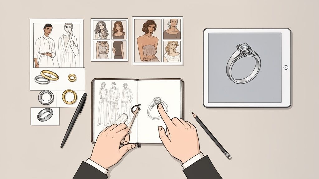 Hands sketching a diamond ring in a notebook, surrounded by fashion references, ring samples, and a digital rendering on a tablet.