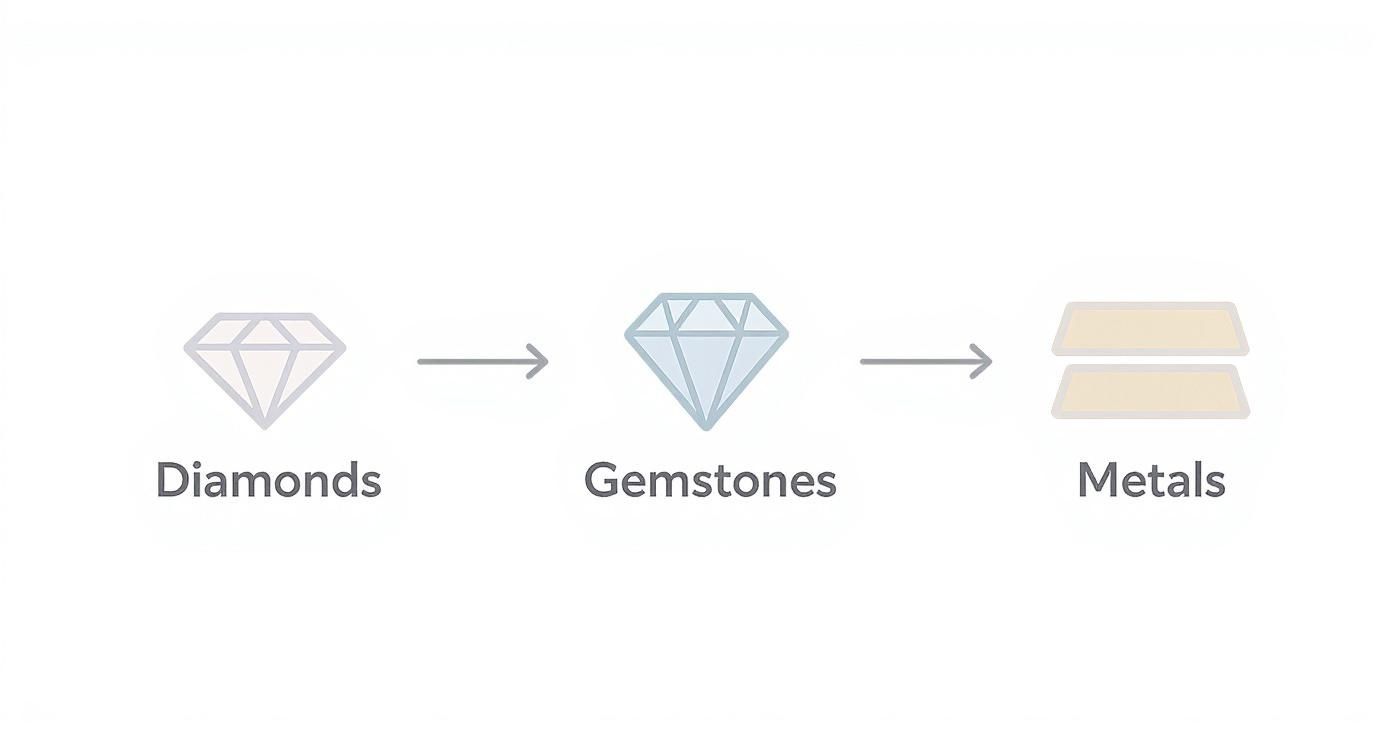 Visual progression showing transformation from diamonds to gemstones to metal bars in jewelry making