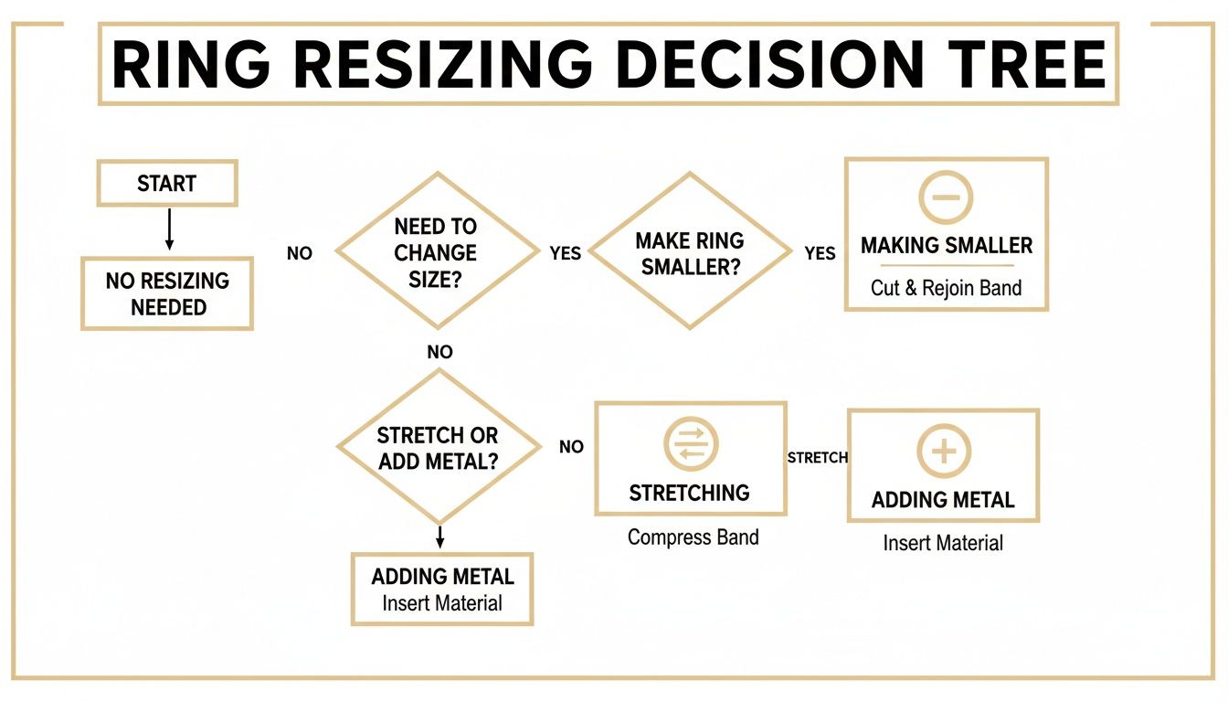 A decision tree flowchart outlining the steps for ring resizing, from start to finish.