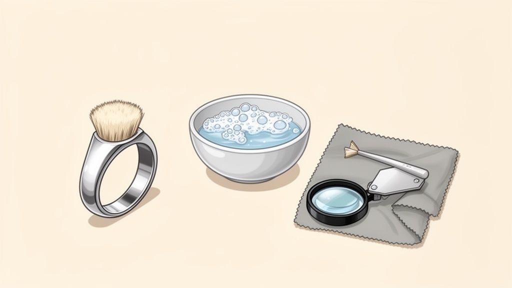 A set of jewelry cleaning tools including a brush on a ring, soapy water, a cloth, a loupe, and tweezers.