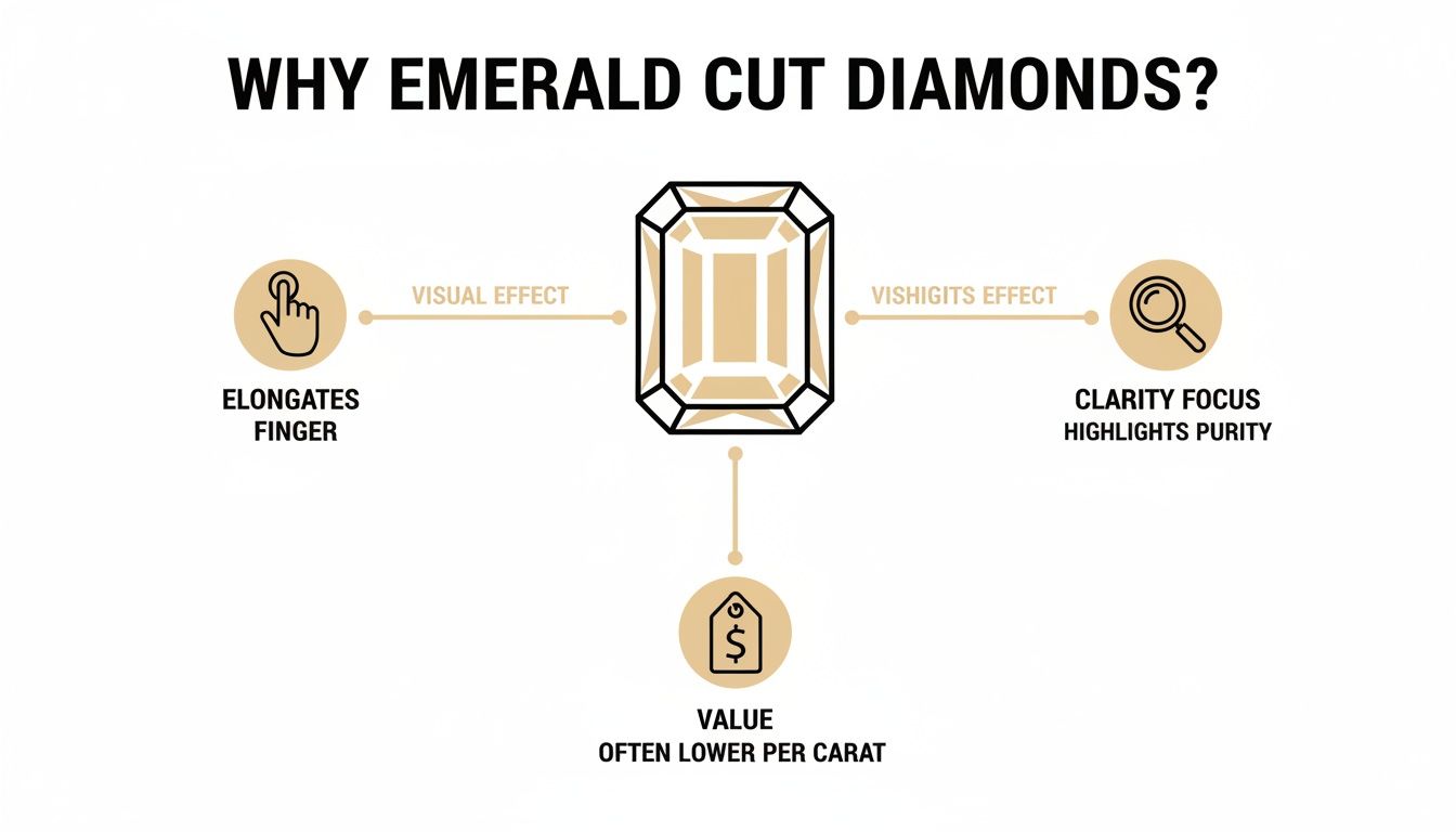 Infographic explaining why emerald cut diamonds are chosen, highlighting visual effect, clarity focus, and value.
