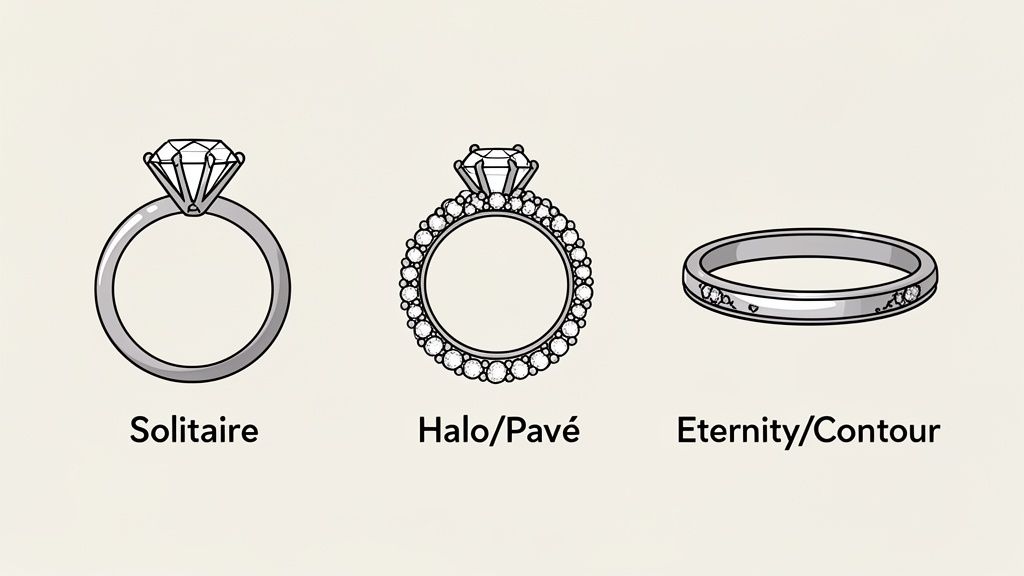 Three distinct ring styles are displayed: Solitaire, Halo/Pavé, and Eternity/Contour diamond rings.