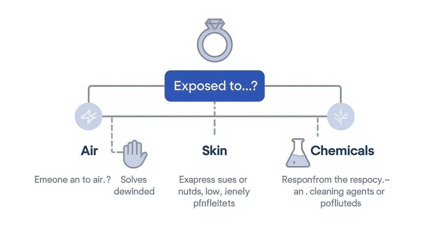 Flowchart showing factors a ring is exposed to: air, skin, and various chemicals.