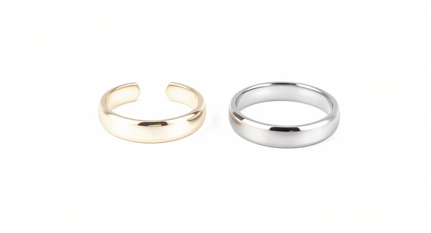 Two rings displayed on a white background: a golden open band and a silver closed band.