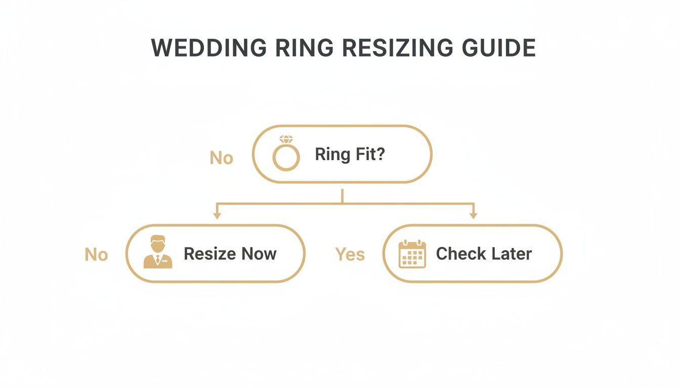Accessible flowchart illustrating the wedding ring resizing guide: decide to resize now or check later.