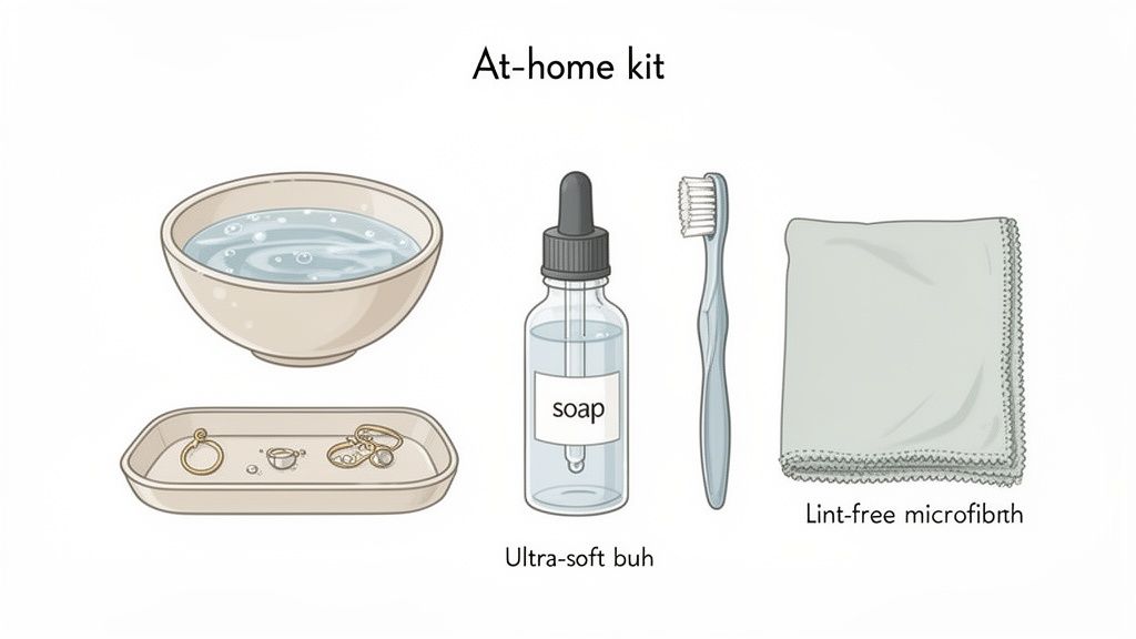 An at-home kit for cleaning jewelry, including a bowl of water, soap, brush, and cloth.
