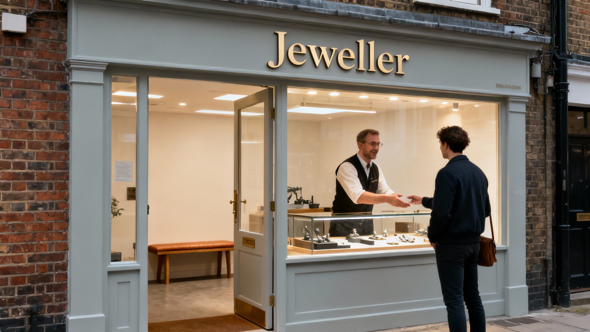 A skilled jeweller carefully inspects a ring at their workbench.