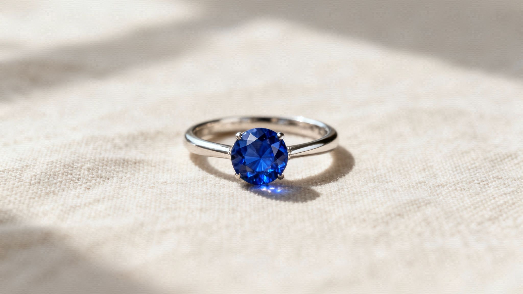 A stunning sapphire engagement ring resting on a delicate white surface.