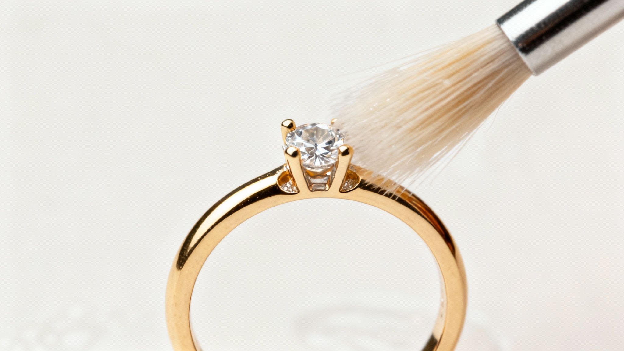 A close-up of a gold ring with a gemstone being carefully cleaned with a soft brush