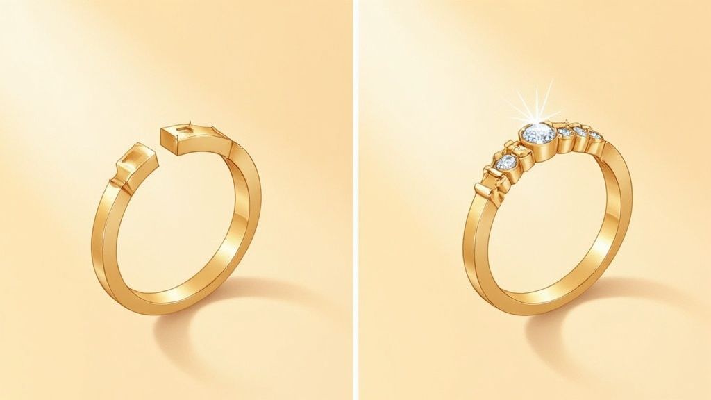 Illustration showing a gold ring before and after, from incomplete to set with sparkling diamonds.