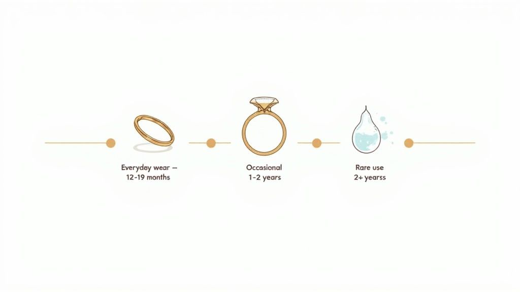 Timeline illustrating recommended replating or maintenance intervals for rings based on wear frequency.