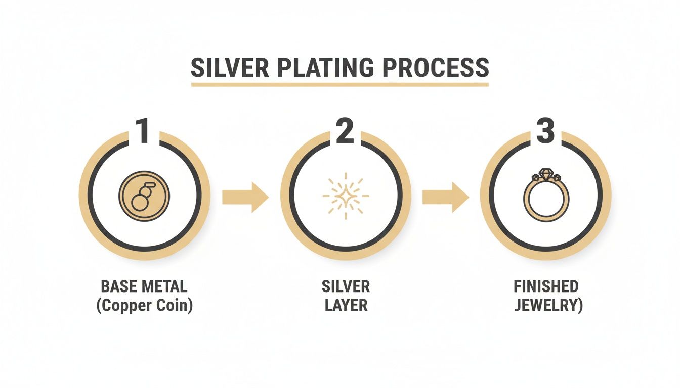 A three-step infographic illustrating the silver plating process, from a copper coin to finished jewelry.