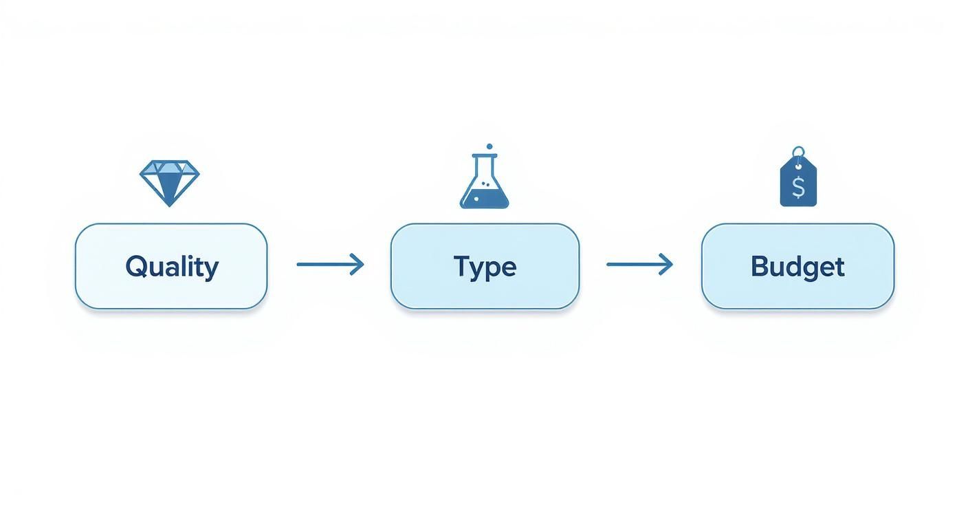 A process diagram with three steps: Quality (diamond icon), Type (beaker icon), and Budget (price tag icon), connected by arrows.