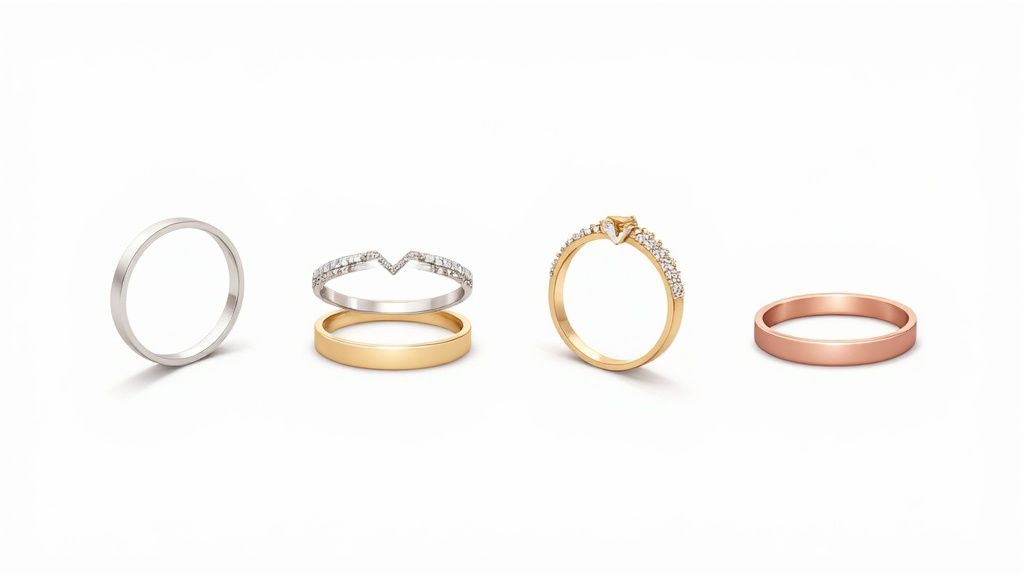 A display of various wedding bands and engagement rings in silver, gold, and rose gold.