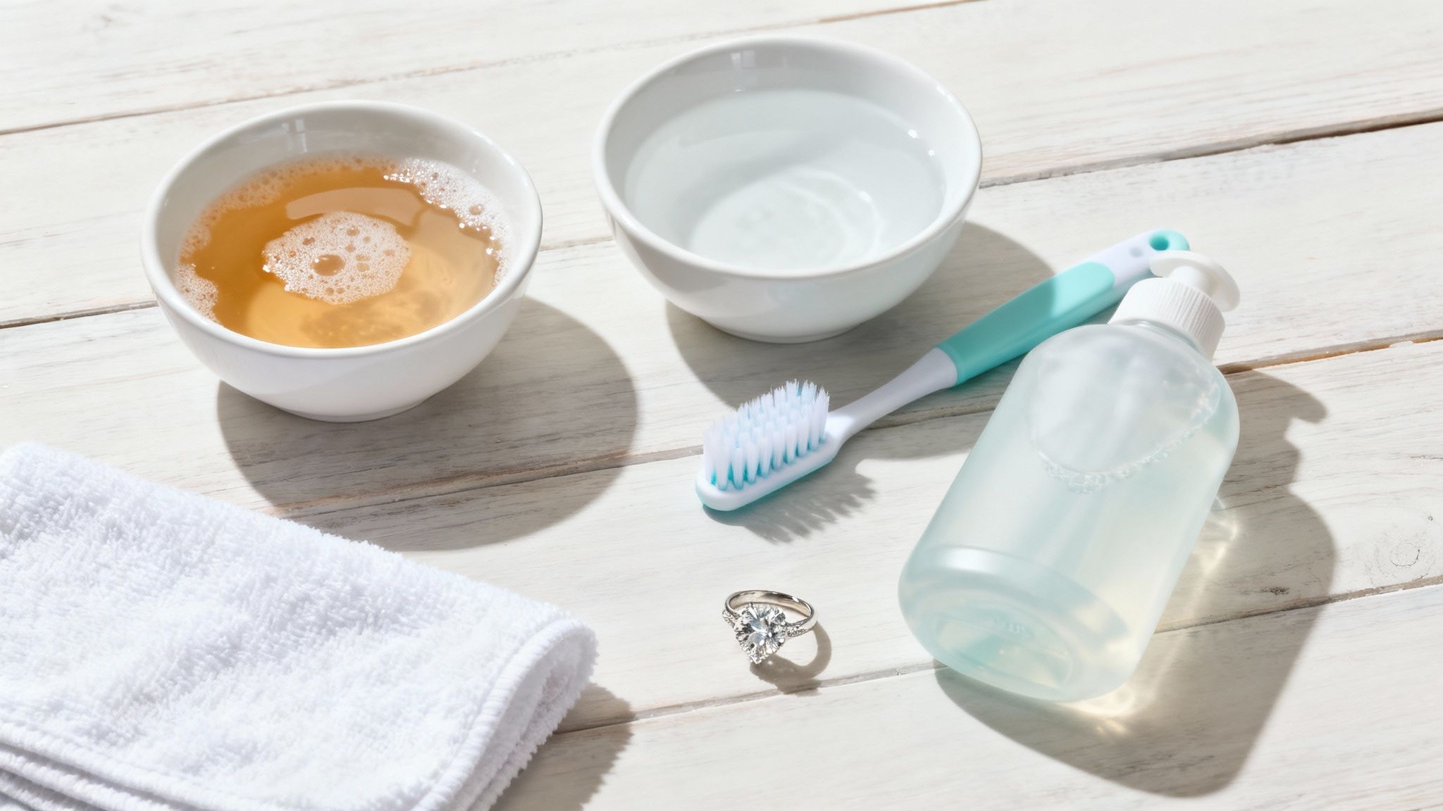 A collection of gentle cleaning supplies for a diamond ring, including a soft brush and a bowl.
