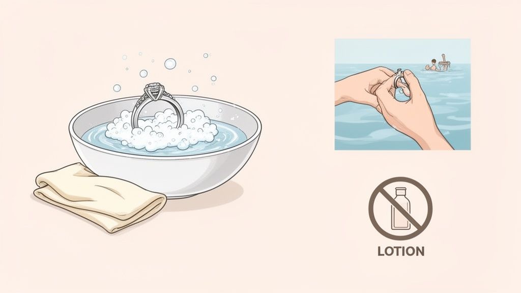 Tips for white gold jewelry care: cleaning with soap, not wearing in water, and avoiding lotion.