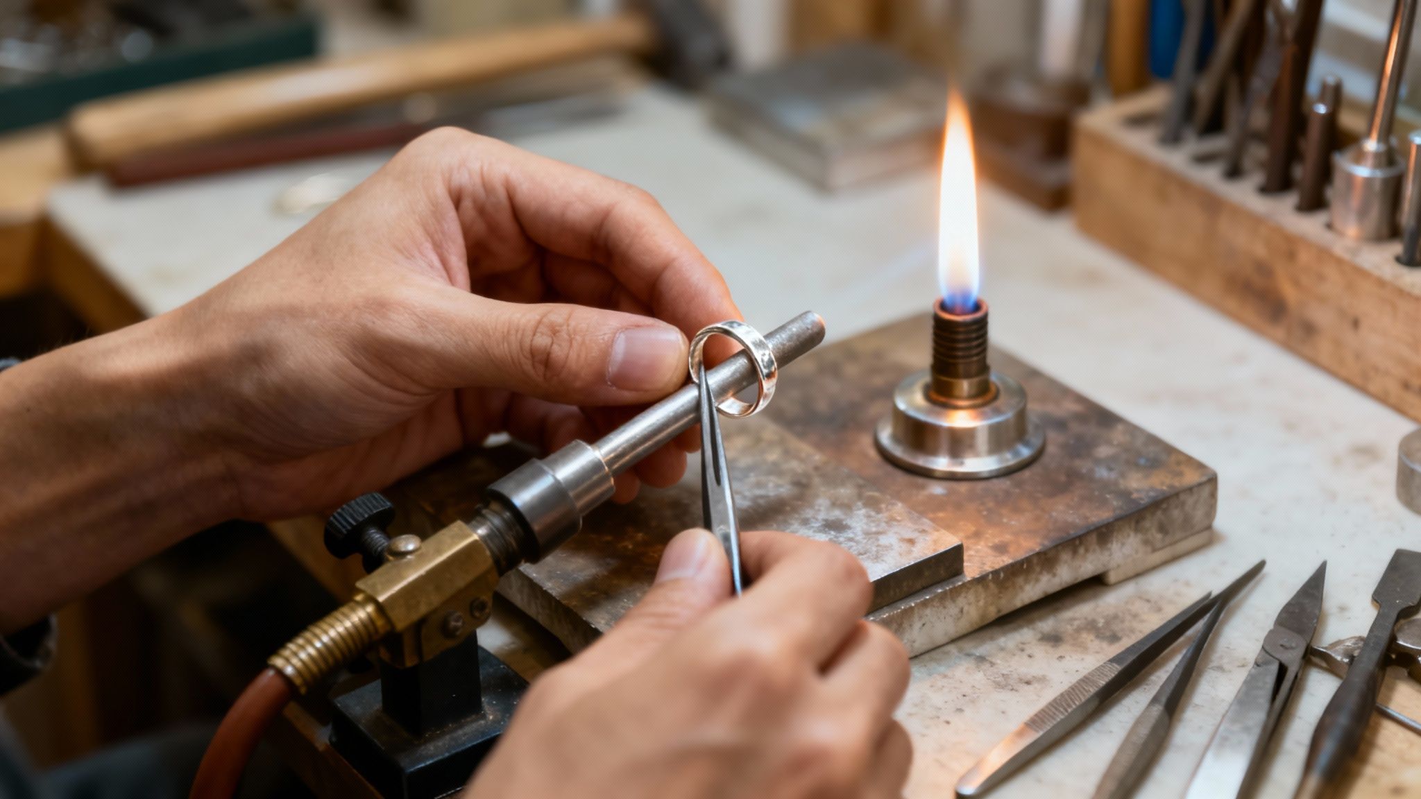 Jeweller working on a ring at a workbench