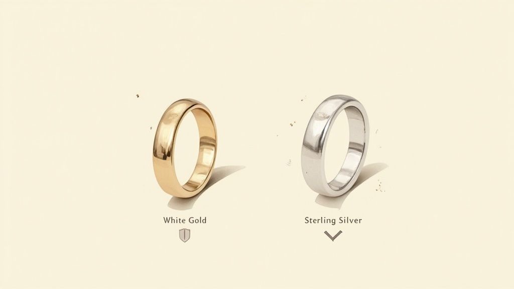 Comparison of white gold and sterling silver wedding bands displayed side by side on beige background