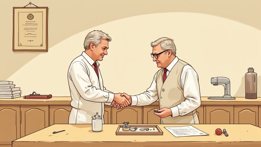 Two smiling men in an office shake hands over a table with jewelry or watch repair components.