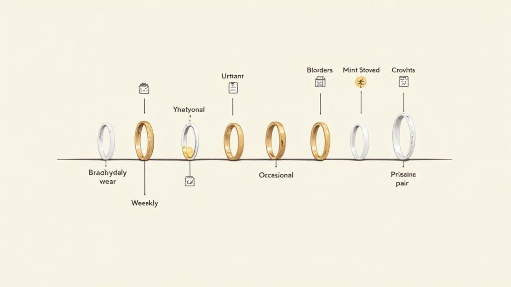 A diagram displaying seven wedding bands in gold and silver, categorized by wear frequency and type.