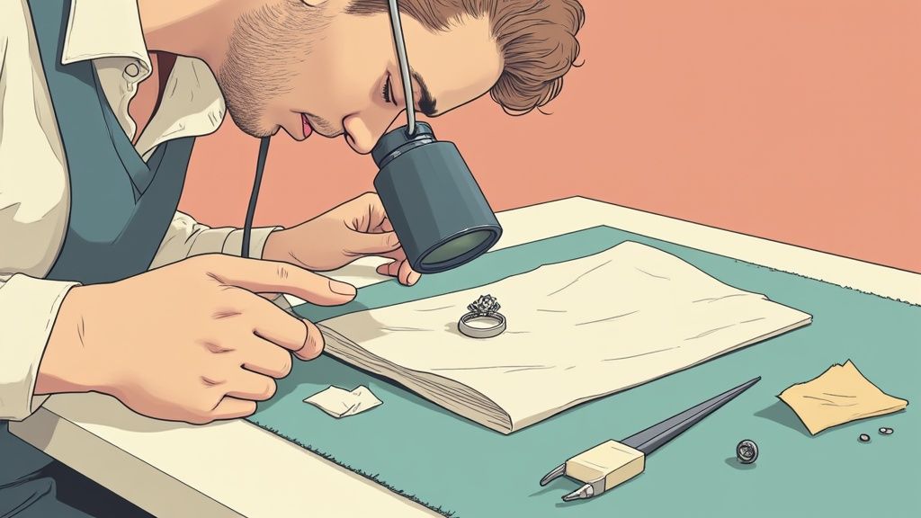 A jeweler meticulously examines a diamond ring with a magnifying loupe on a green workbench, with tools and papers.