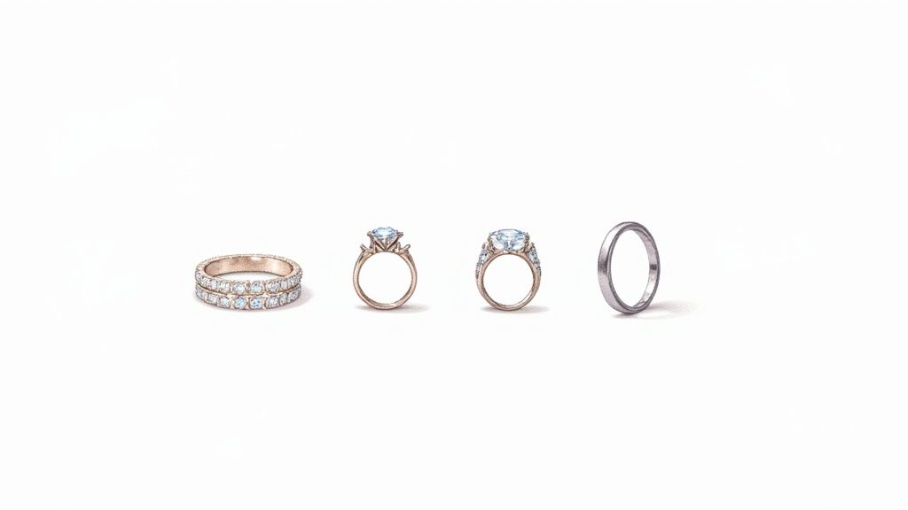 Four elegant wedding rings, including diamond bands, solitaire rings, and a plain band.