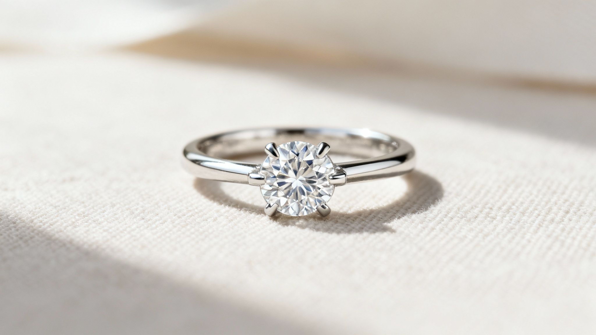 A stunning platinum engagement ring with a large diamond, resting on a reflective surface.